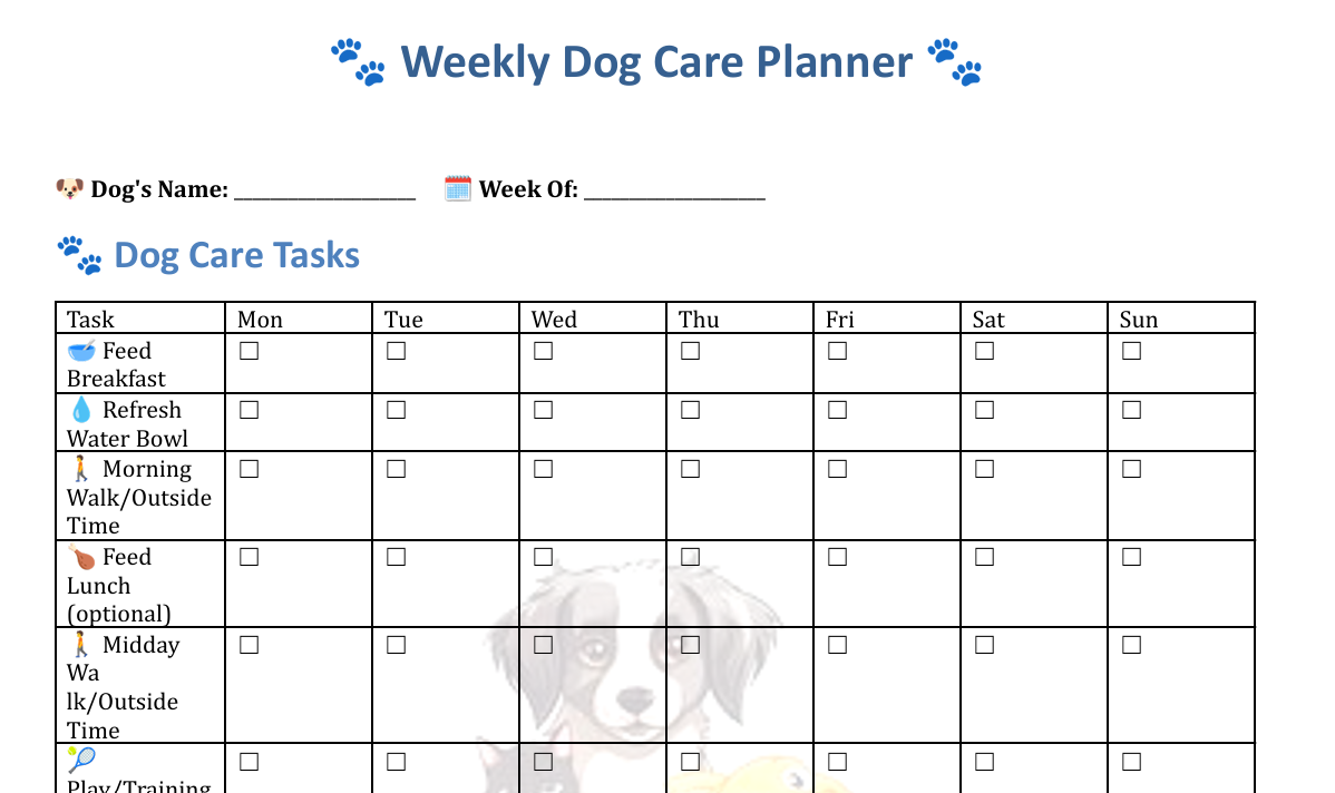 Weekly Dog Care Planner – 1 Printable, 1 Fillable & 1 Mobile-version for Dog Owners