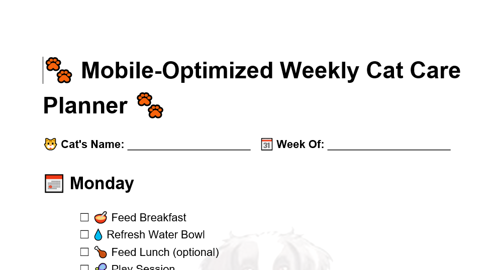Weekly Cat Care Planner – 1 Printable, 1 Fillable & 1 Mobile-version for Cat Owners