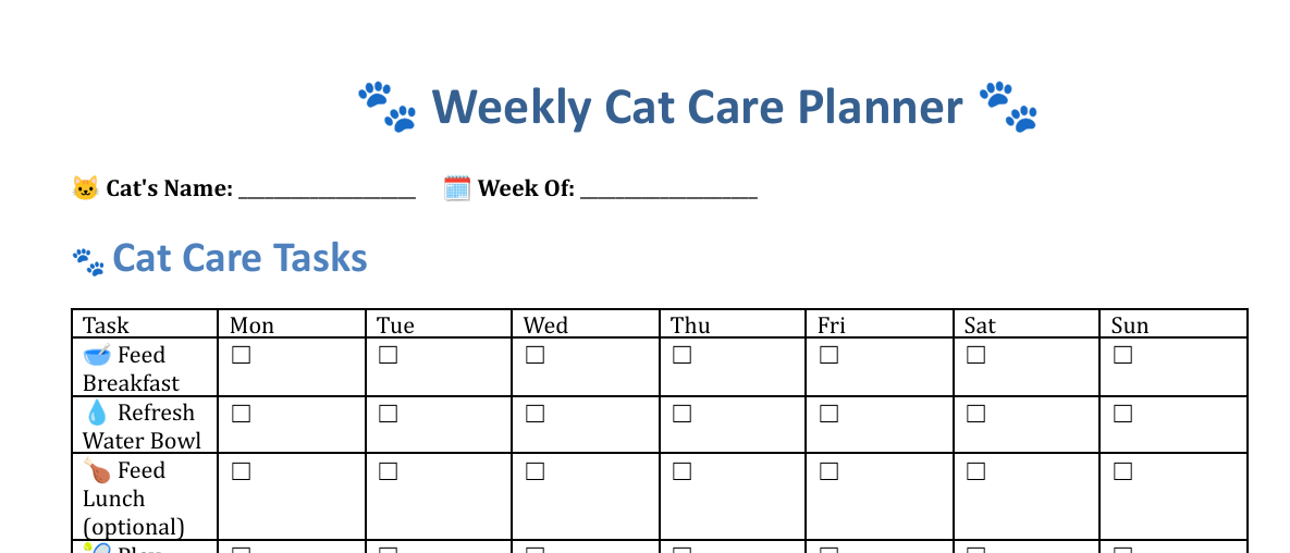 Weekly Cat Care Planner – 1 Printable, 1 Fillable & 1 Mobile-version for Cat Owners